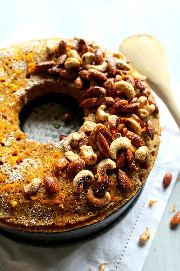 Butternut Bundt Cake with Orange Glaze & Toasted Nuts. Completely delicious butternut cake made with wholewheat flour & reduced sugar. Dense & perfectly moist, amazing thanksgiving cake. Perfect holiday sweet treat! | berrysweetlife.com 