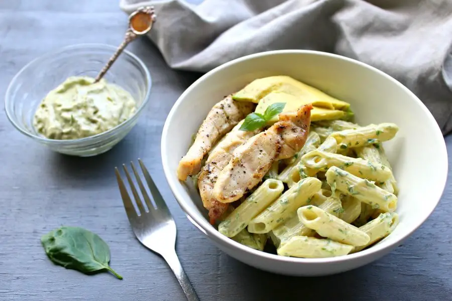 Chicken Pasta with Herby Yoghurt & Avocado Pesto Sauce. A delicious quick & easy weeknight meal - 30 minutes from prep to table. Healthy & satisfying | berrysweetlife.com