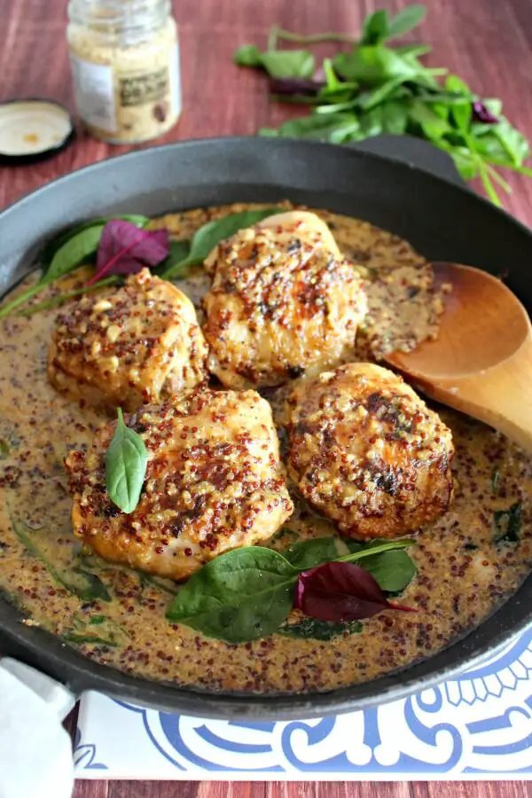 One Pot Mustard Coconut Chicken Skillet with Quinoa. Simple TASTY Chicken Skillet dinner with spinach & garlic. Healthy & delicious! You & your family will love this! | berrysweetlife.com