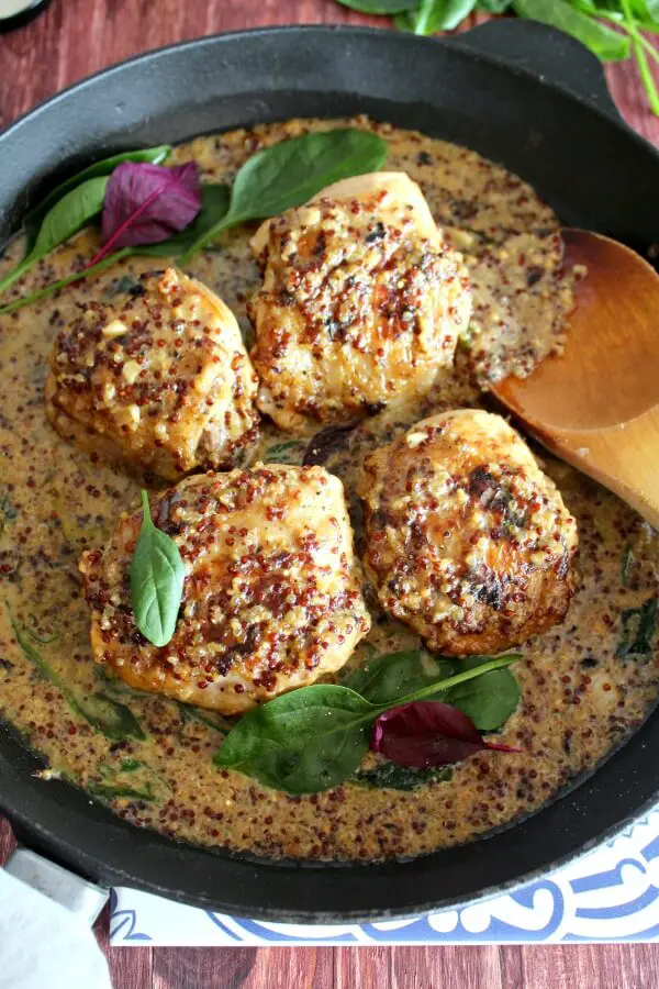 One Pot Mustard Coconut Chicken Skillet with Quinoa. Simple TASTY Chicken Skillet dinner with spinach & garlic. Healthy & delicious! You & your family will love this! | berrysweetlife.com