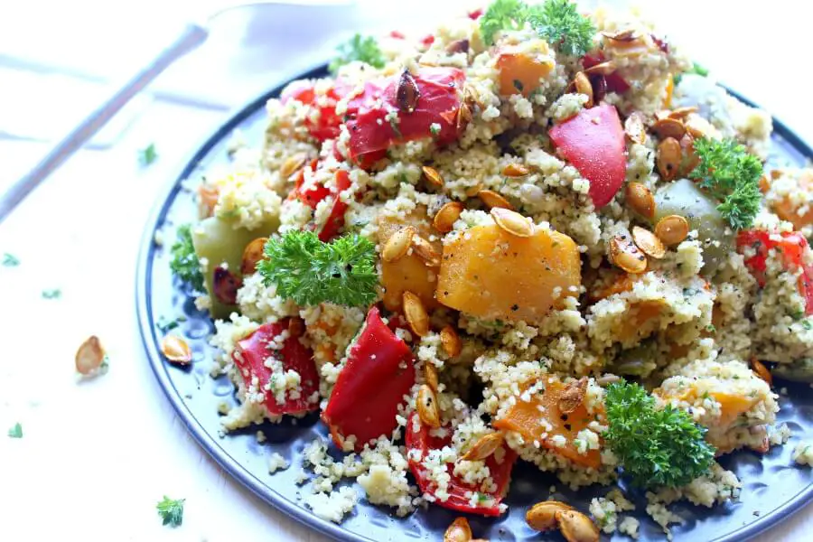 Roasted Butternut Cous Cous Salad with Pesto Dressing