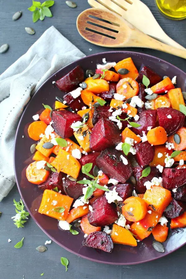 Low carb and easy to make, packed with nutrients, this Roast Beet Butternut Basil Goat Cheese Salad is a delicious side dish or light vegetarian meal | berrysweetlife.com