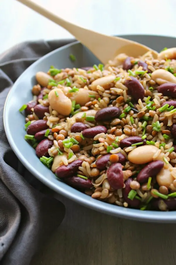 Warm Brown Rice Lentil Kidney Bean Salad. A healthy, quick & easy salad recipe that is perfect as a light main, or delicious side dish | berrysweetlife.com