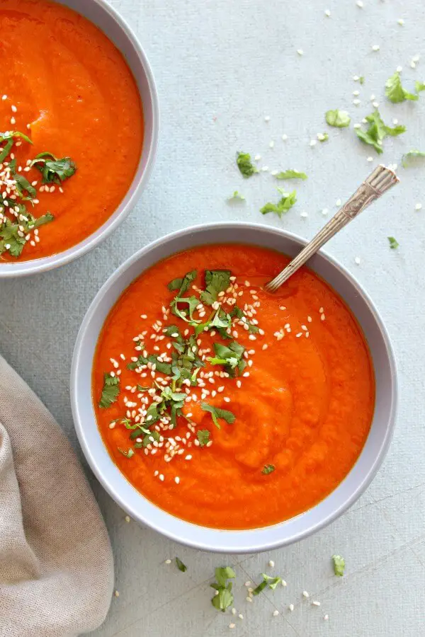 Nutritious Red Pepper Carrot Soup. Quick and easy, bursting with flavour, colour, vitamins and minerals, you can't go wrong with this delicious soup! | berrysweetlife.com