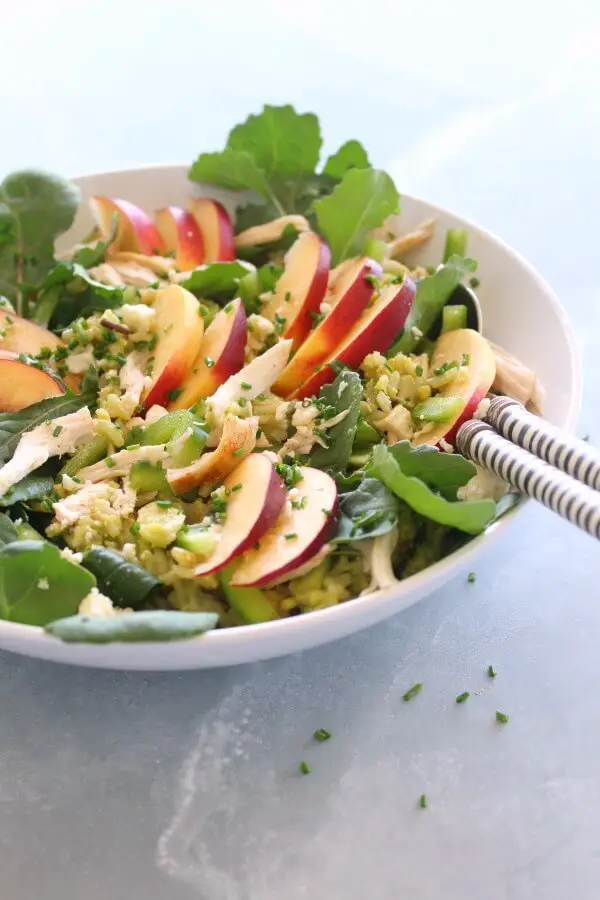 15 minute Avocado-Wild Rice Nectarine Chicken Salad tastes wonderful, is creamy and healthy! Serve it as a salad or in a wrap or pita bread for lunch | berrysweetlife.com
