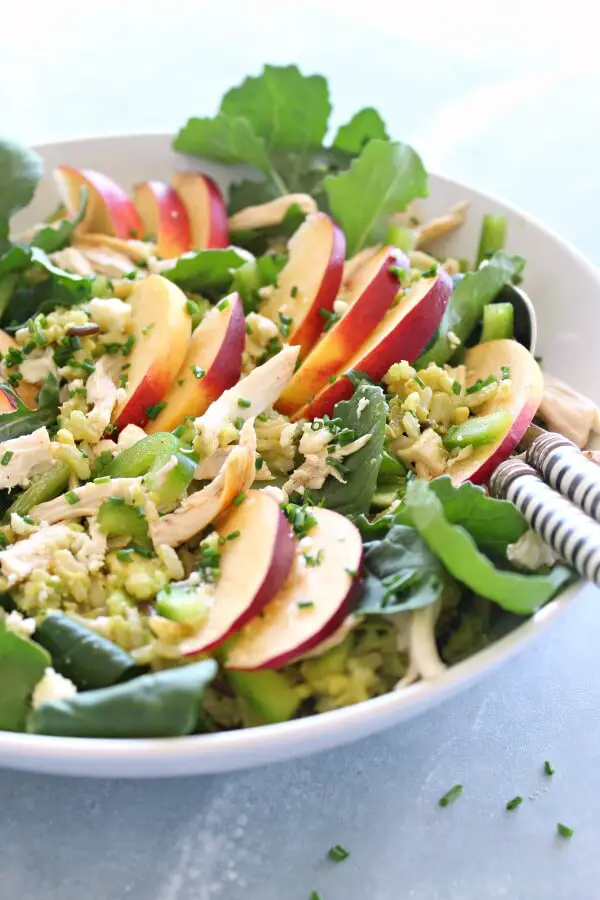 15 minute Avocado-Wild Rice Nectarine Chicken Salad tastes wonderful, is creamy and healthy! Serve it as a salad or in a wrap or pita bread for lunch | berrysweetlife.com