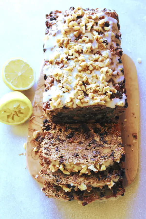 Moist, easy to make fruit and nut loaf recipe with a twist! This Walnut Fruit Loaf With Lemon Icing is the best combination of flavours, enjoy a slice with a cup of tea or coffee! | berrysweetlife.com