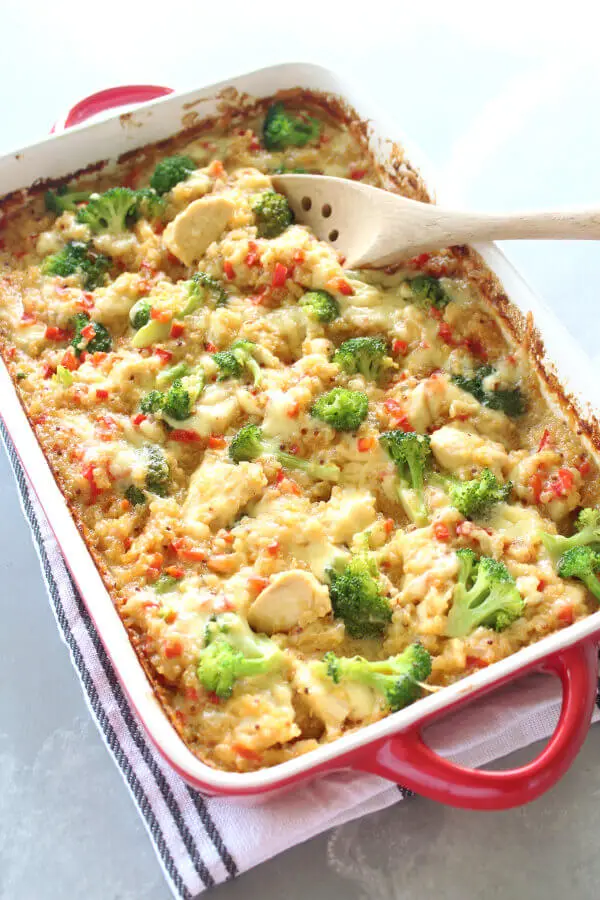 Super tasty and easy baked Mustard Chicken Quinoa Red Pepper Casserole from scratch with all healthy ingredients! This is healthy comfort food at its best | berrysweetlife.com